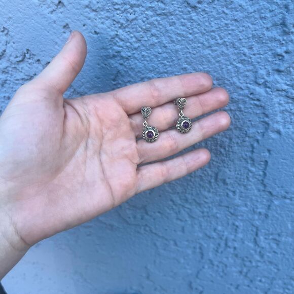 Vintage Amethyst Earrings with Marcasite in Sterling Silver - Picture 5 of 7